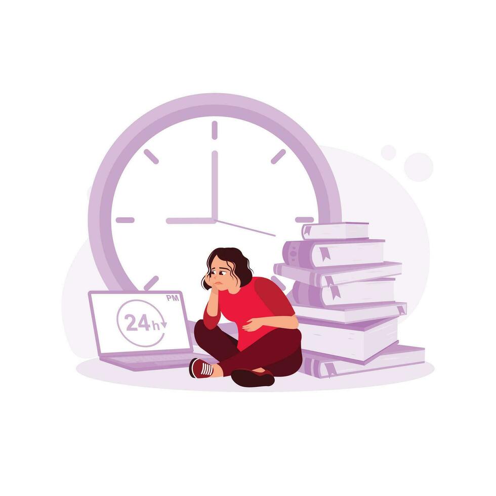 Portrait of a manager sitting and daydreaming with a pile of documents and overworked. Trend Modern vector flat illustration