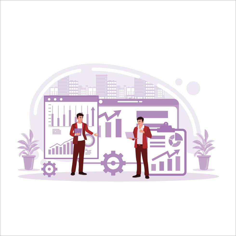 Successful businessman working in the office with a digital tablet laptop computer with a skyscraper background. Sales report illustration. Trend Modern vector flat illustration