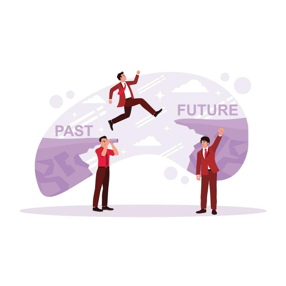 Entrepreneurs who jump from the precipice of the past to the precipice of the future. Fix it and move on to the concept. Trend Modern vector flat illustration.