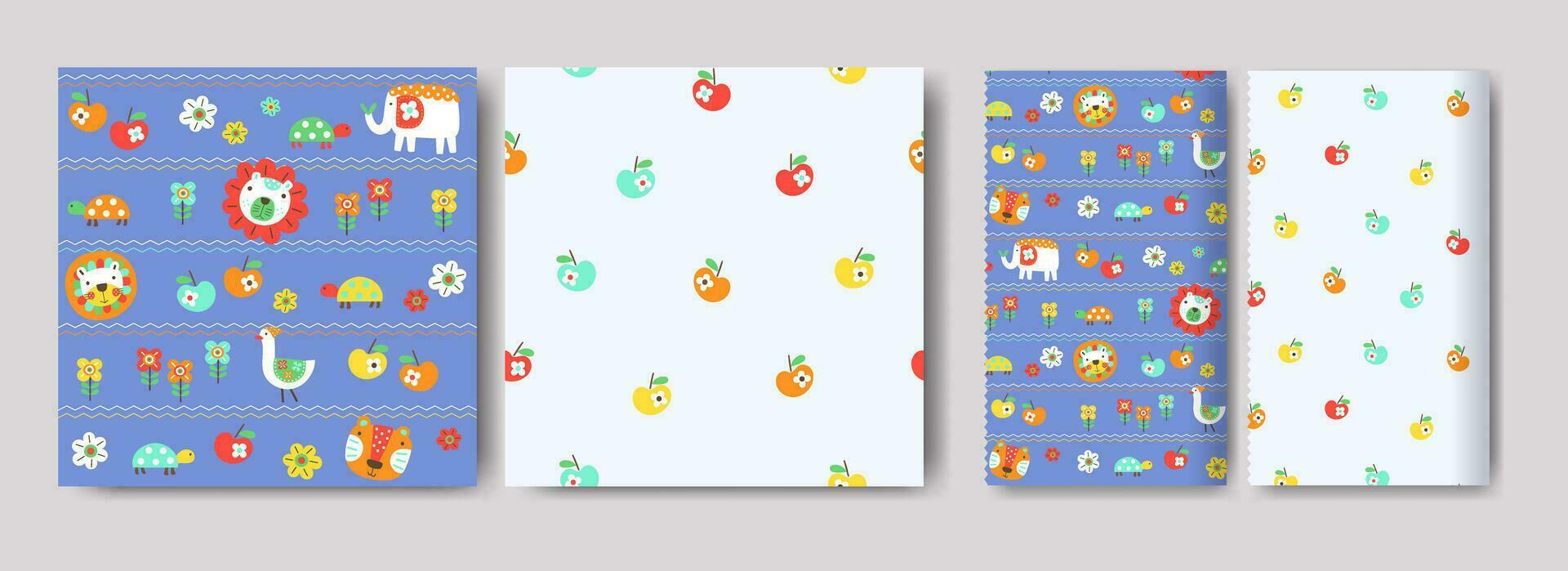 Seamless patterns for kids, cute graphic elements, elements with cute animals, hand-drawn in children's style used for fabric, textile, print, and decorative wallpaper, wrapping paper vector