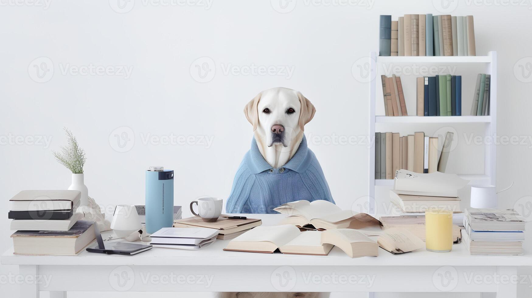 a golden retriever dog in a sweater sits studying accompanied by a cup and piles of books. Generative AI photo