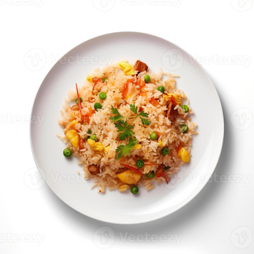 foto de frito arroz en plato aislado en blanco antecedentes. creado por generativo ai