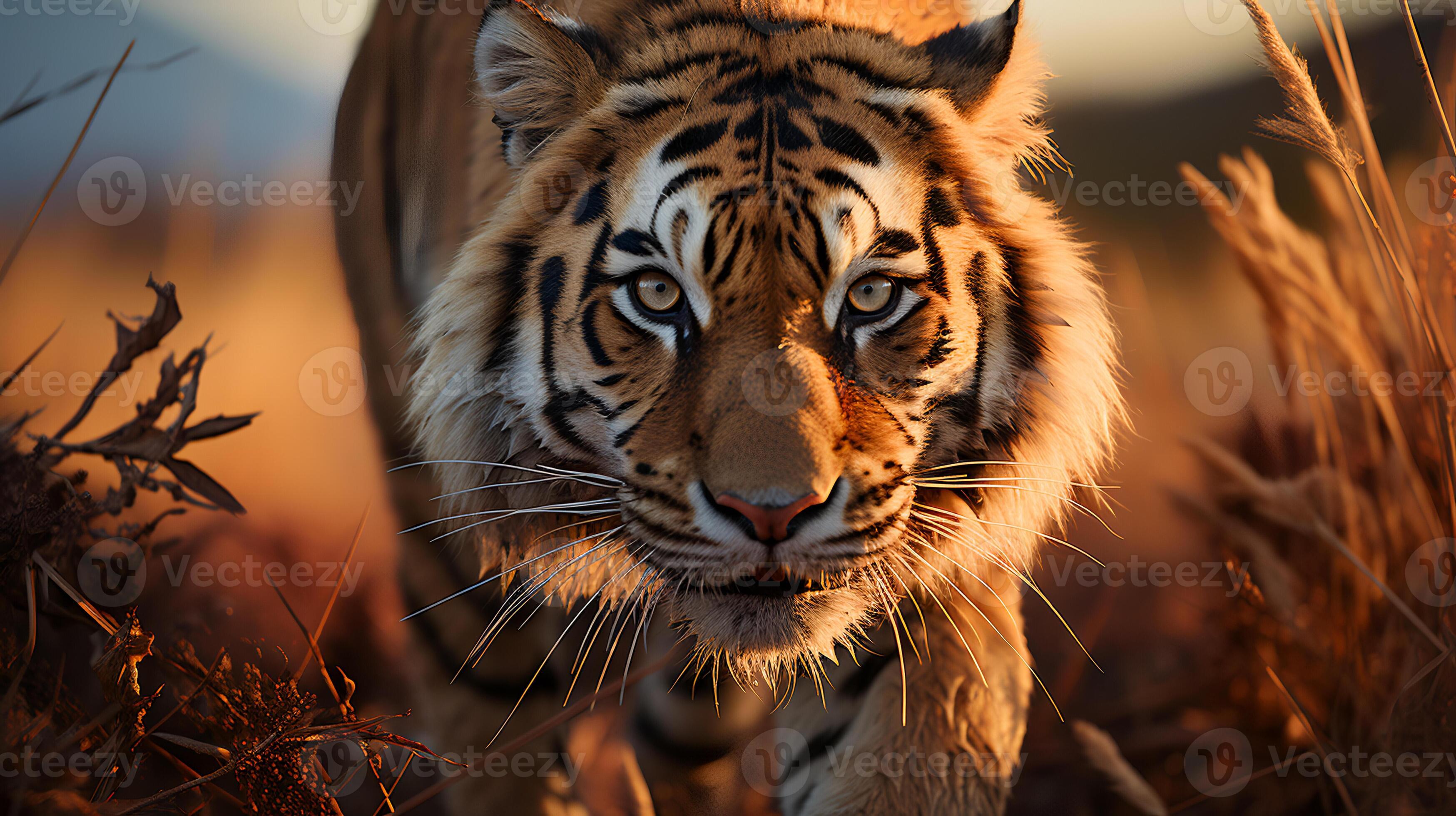 Photo of tiger on savanna at sunset. Generative AI 26731487 Stock Photo ...