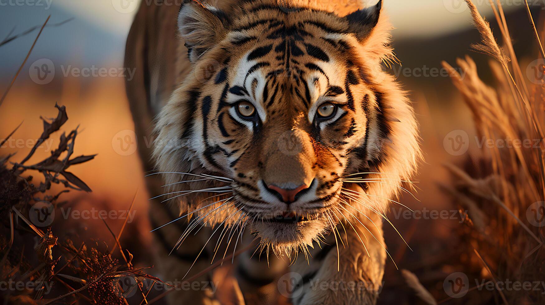 Photo of tiger on savanna at sunset. Generative AI