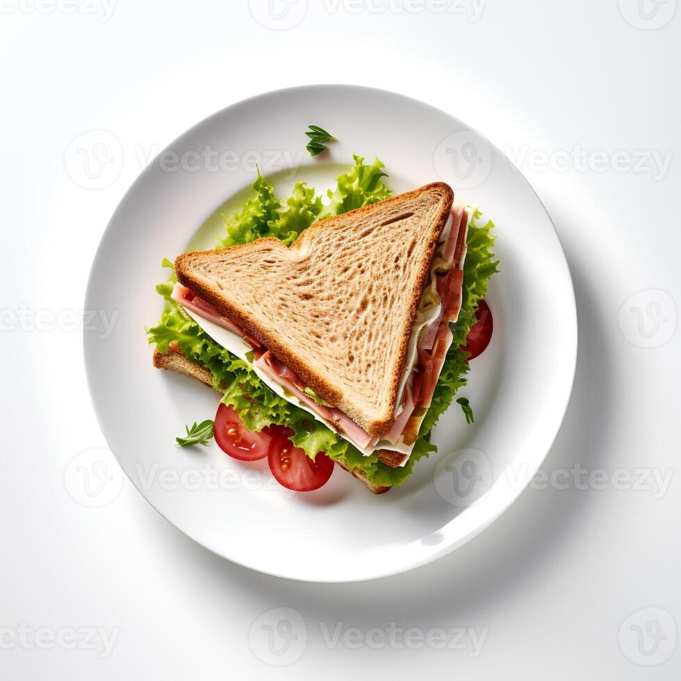 Food photography of sandwich on plate isolated on white background. photo