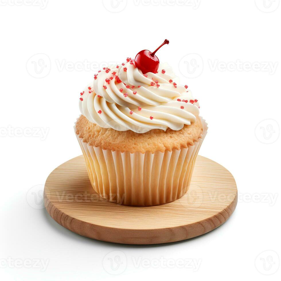 Photo of cup cake on wooden board isolated on white background. Created by Generative AI