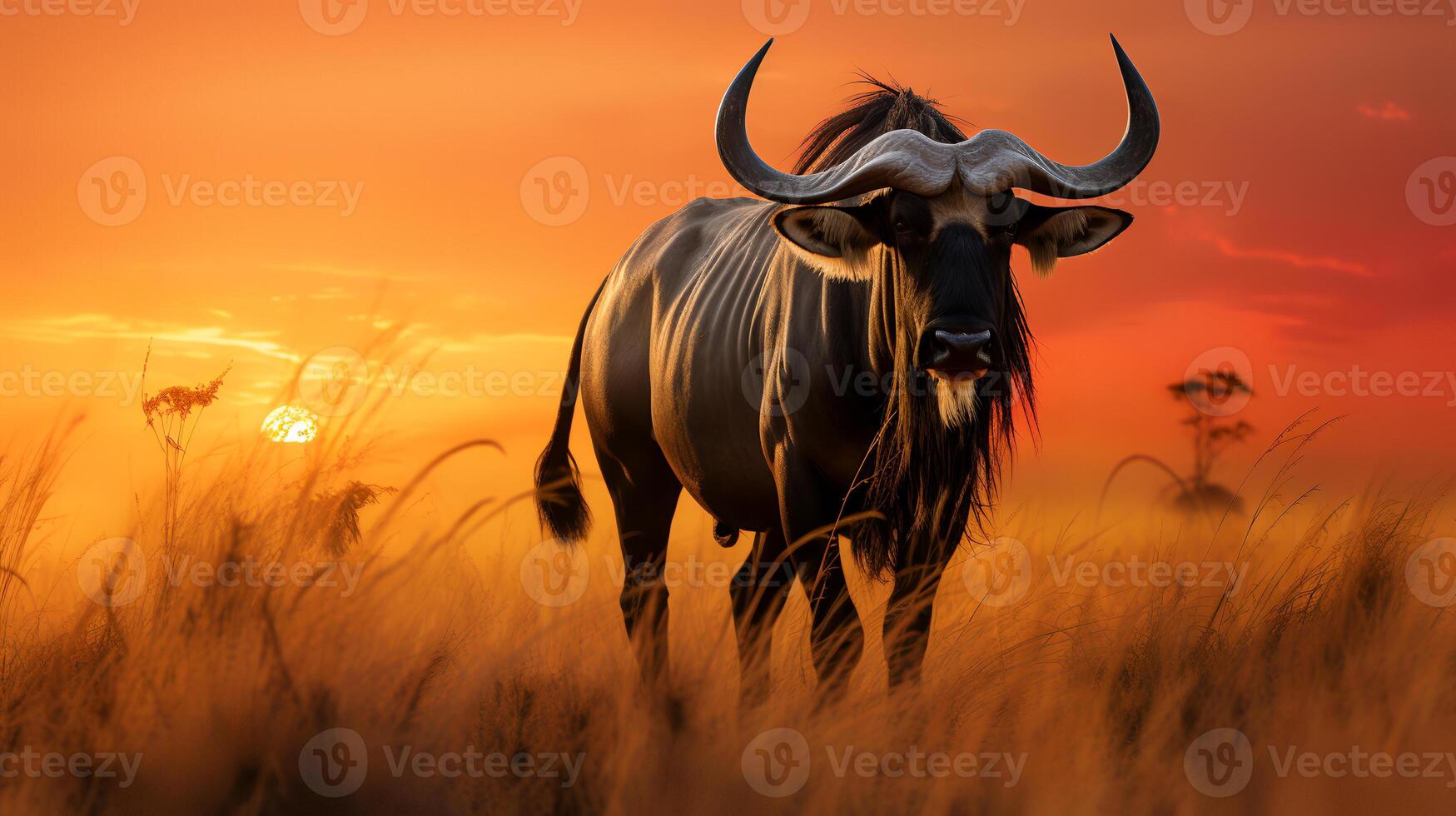 Photo of Wildebeest on savanna at sunset.