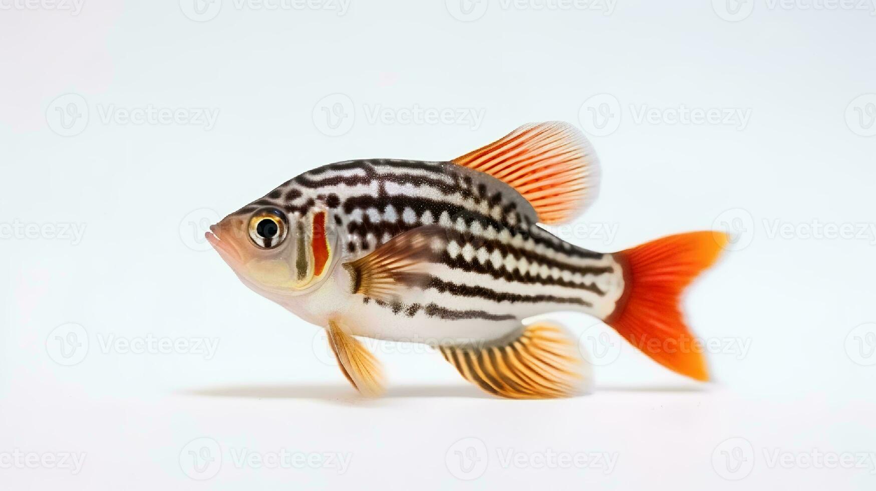 Photo of a zebra danio fish on white background. Generative AI