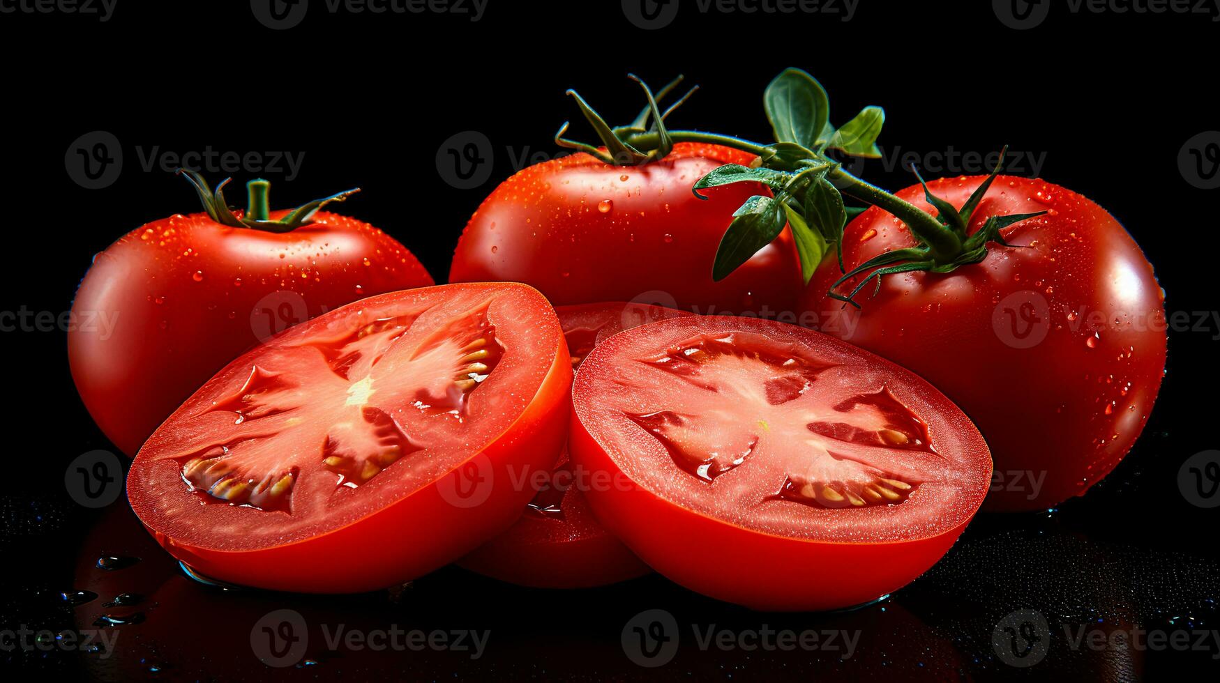 Photo of Tomatoes and slice of tomato isolated on black background
