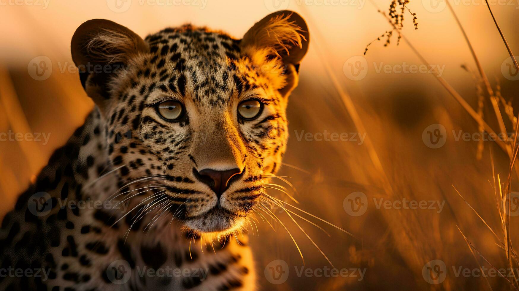 Photo of Leopard on savanna at sunset. Generative AI