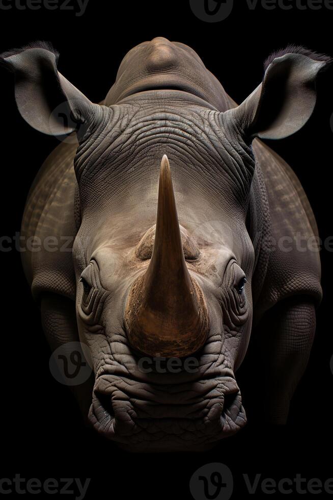 Close up photo of Rhinoceros on black background. Generative AI