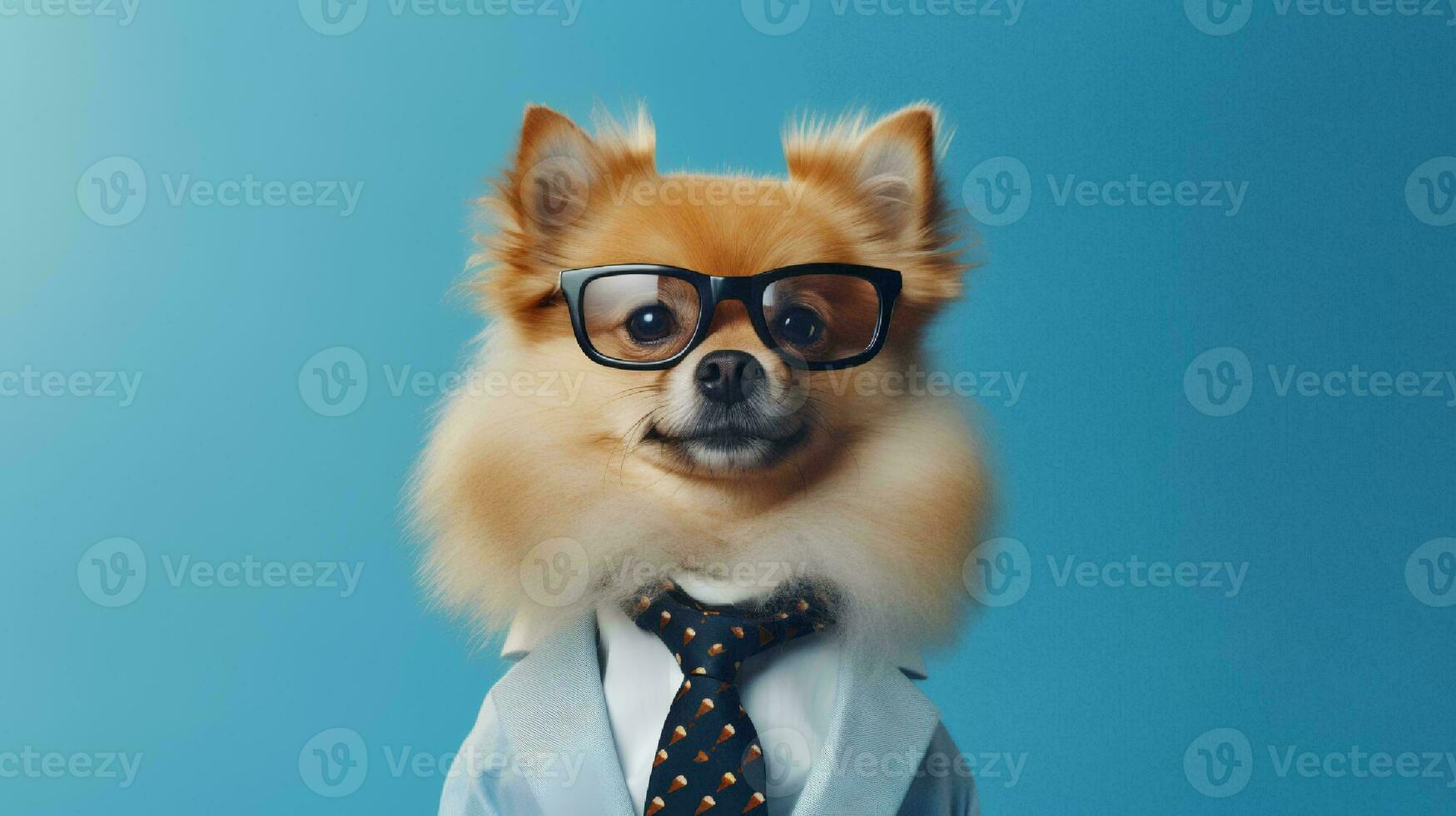Photo of haughty pomeranian dog using glasses  and office suit on white background. Generative AI