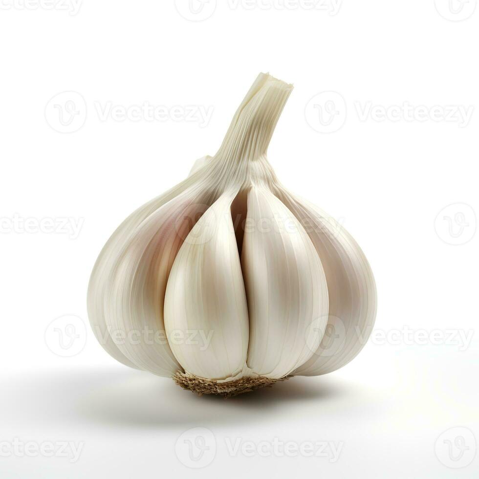 Photo of Garlic on wooden board isolated on white background