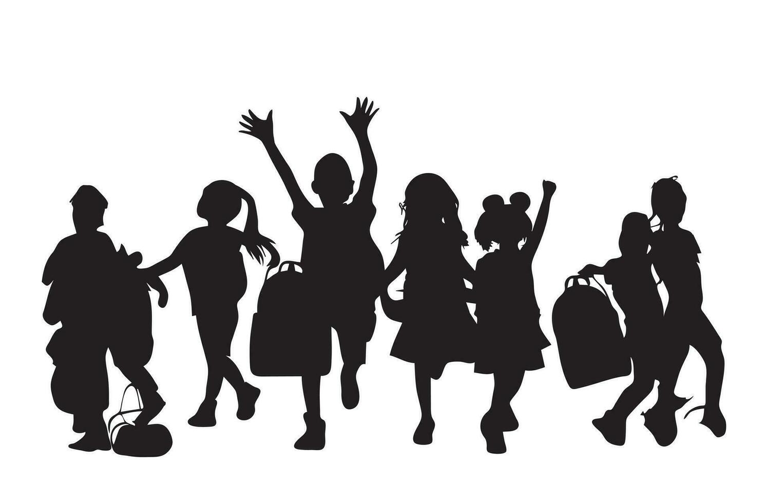 Vector silhouette of Group of children carrying school bags  going to school on white background. Symbol of school and education, back to school