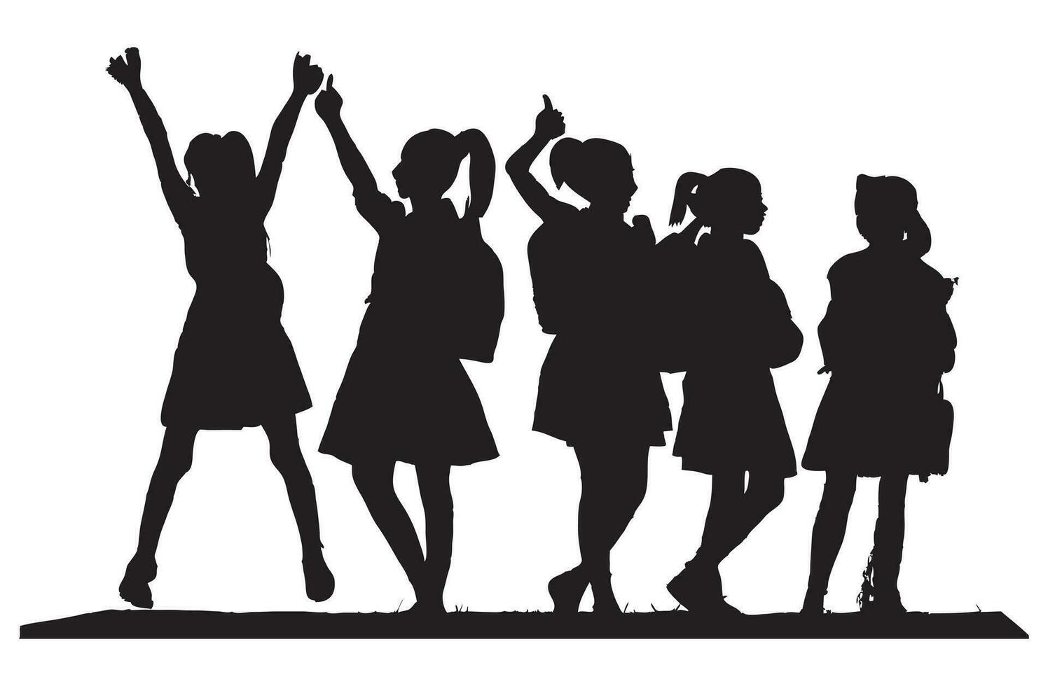 Vector silhouette of Group of Girls children carrying school bags  going to school on white background. Symbol of school and education, back to school