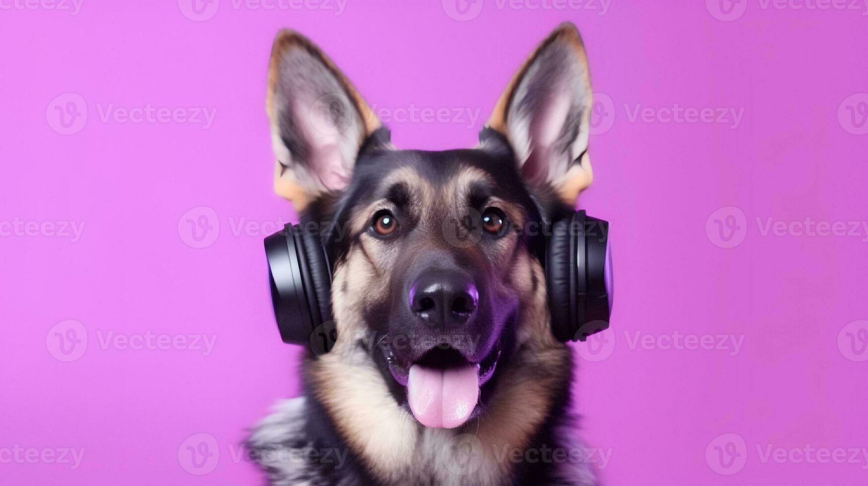 Photo of german shepherd using headphone  on purple background. Generative AI