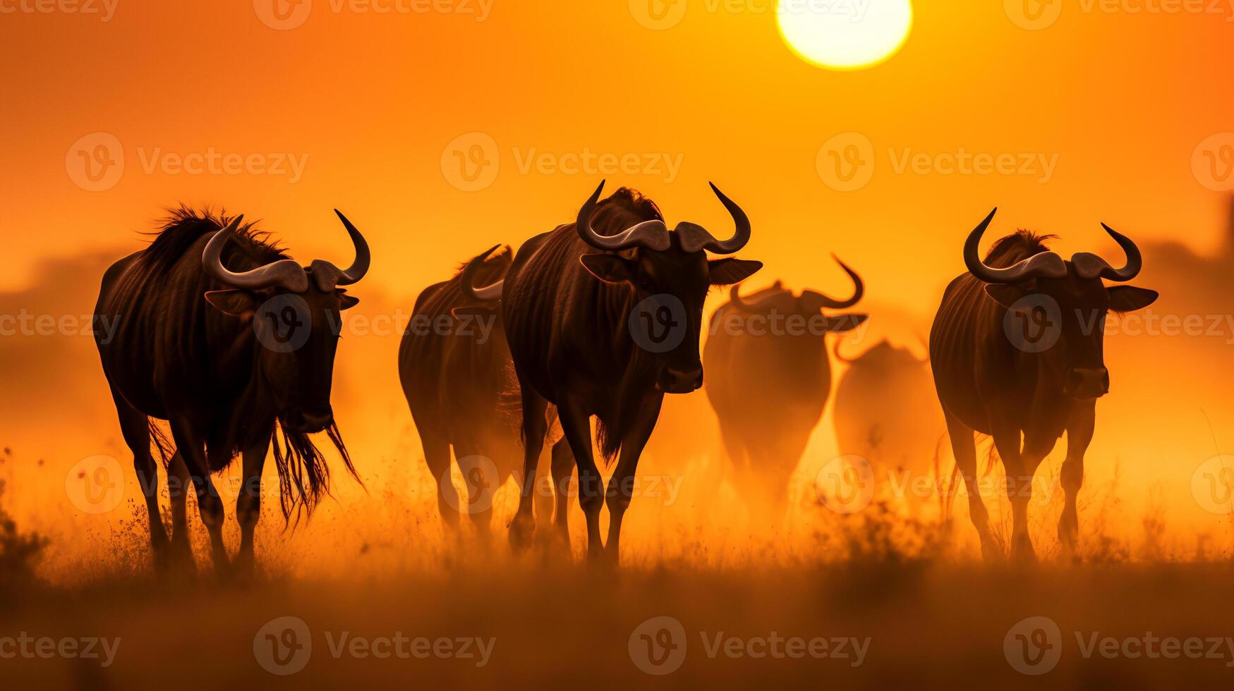 Photo of Wildebeest on savanna at sunset. Generative AI