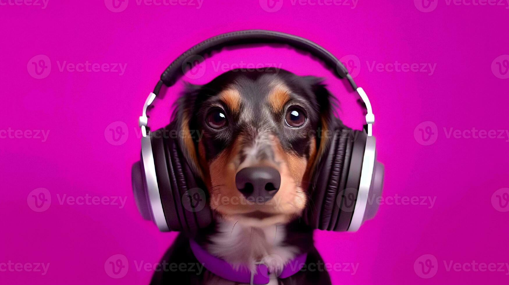 Photo of dachshund using headphone  on purple background. Generative AI