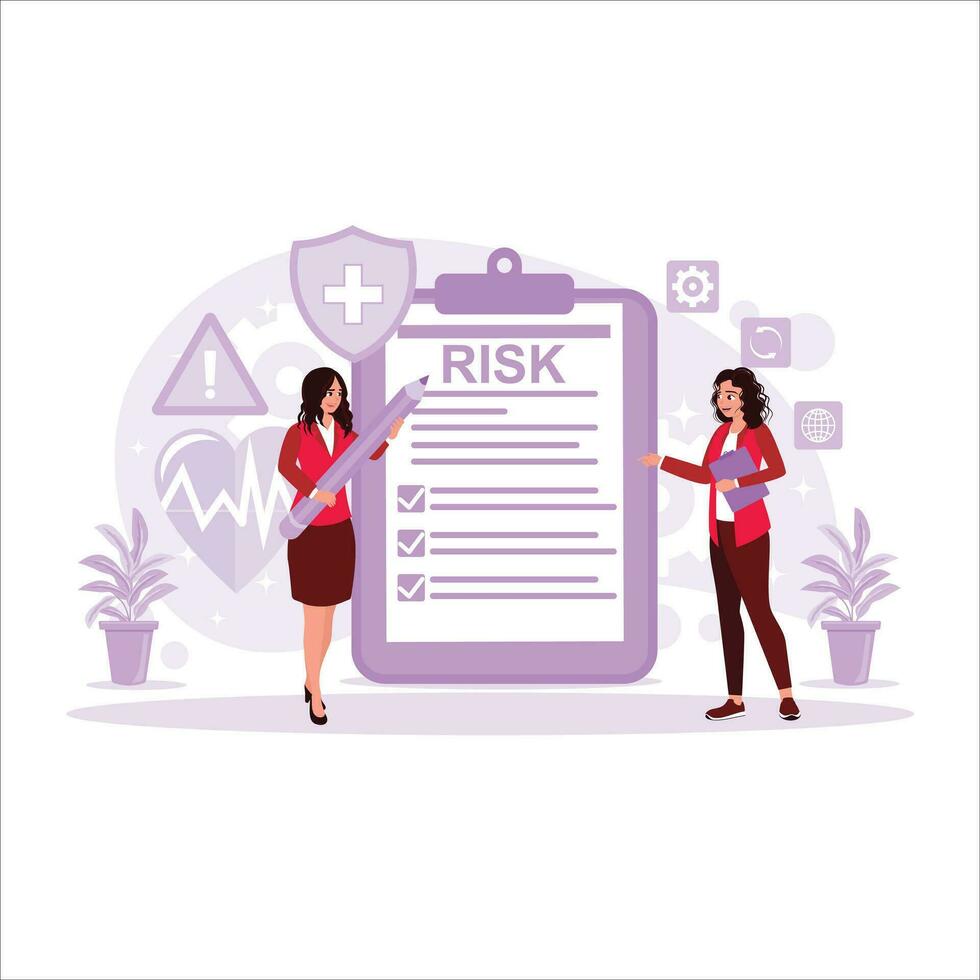 The manager holds the pen and the risk matrix form. Industrial and safety risk assessment concept. Trend Modern vector flat illustration.