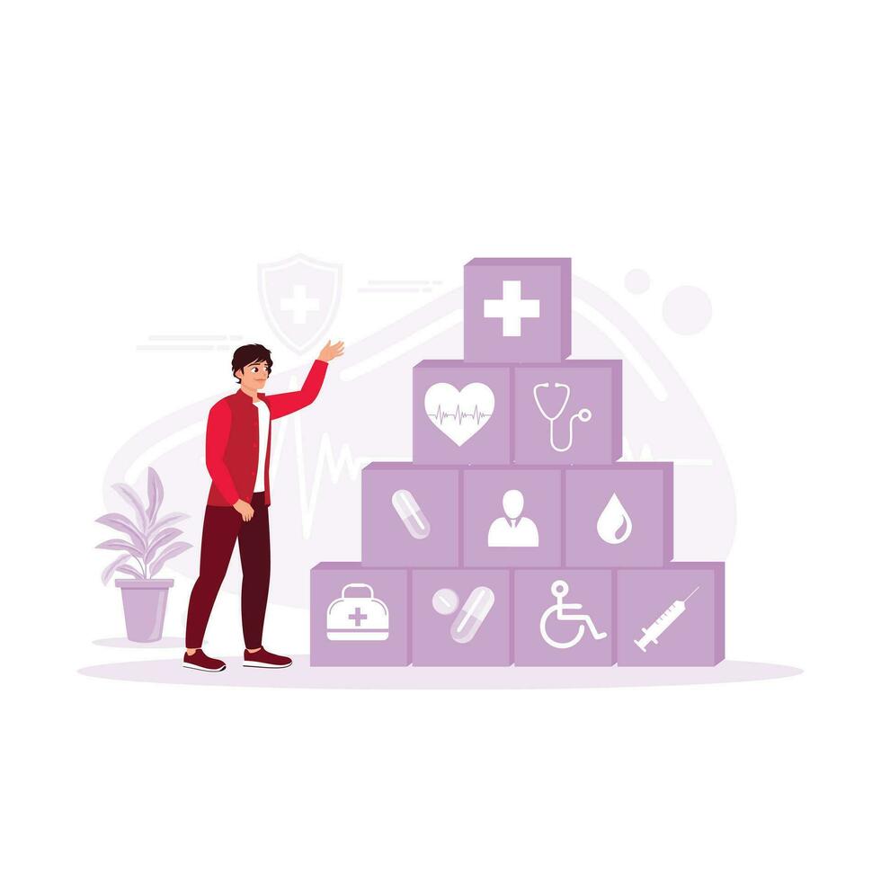 Man stacking a giant wooden block with some health medical icons. Health insurance concept. Trend Modern vector flat illustration