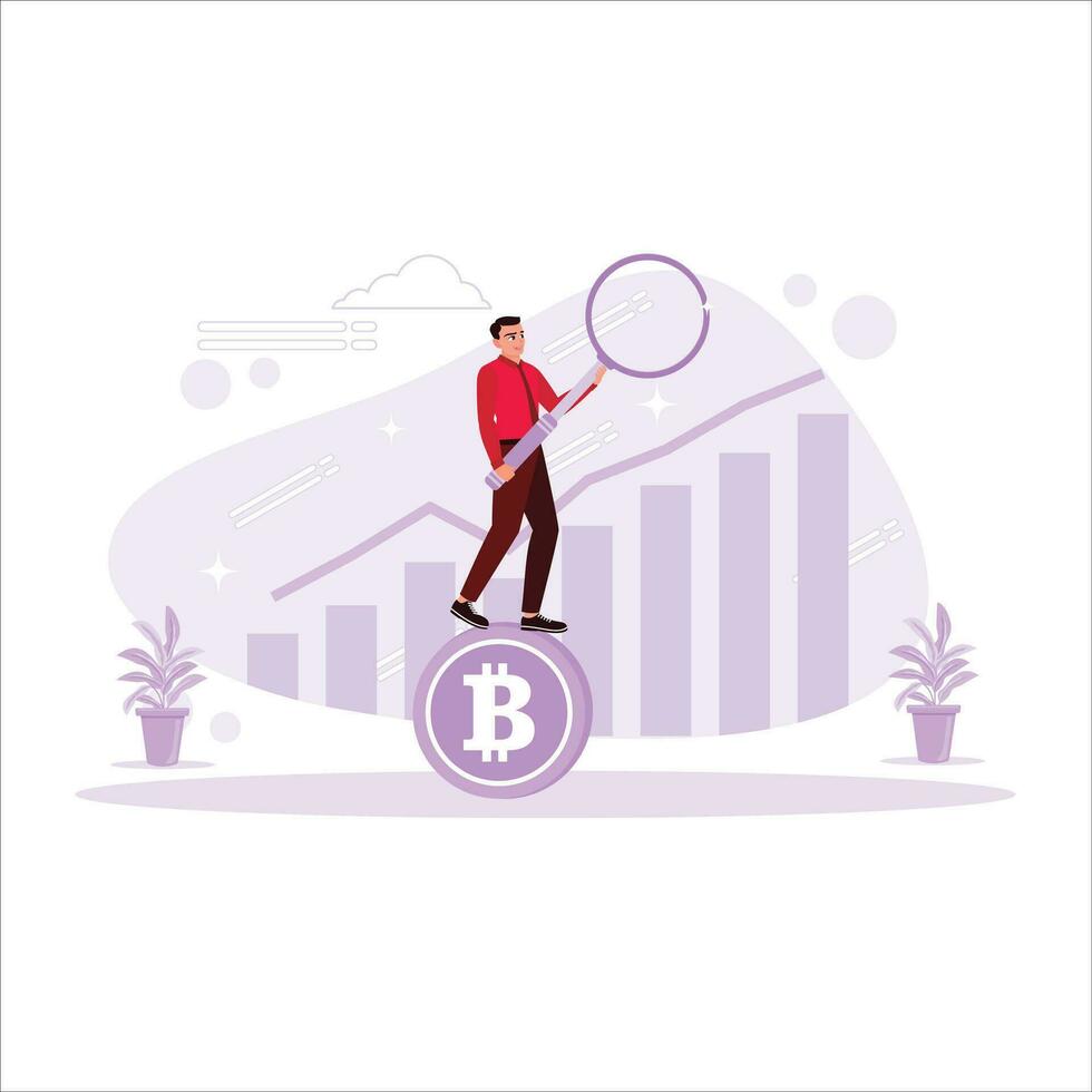 Businessman standing on bitcoin with growing positive graph. Cryptocurrency investment creative finance concept. Virtual digital money. vector