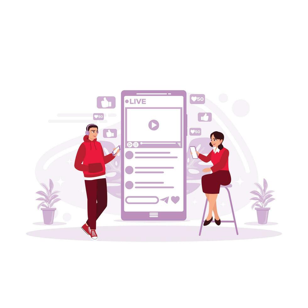 people are watching live broadcasts. Web video player or social media live stream concept vector illustration. Stream online videos, play and watch movies. Trend Modern vector flat illustration