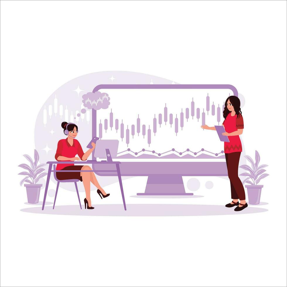 Two female analysis traders hold smartphones and analyze indices and investment data online on stock market charts. Trend Modern vector flat illustration.