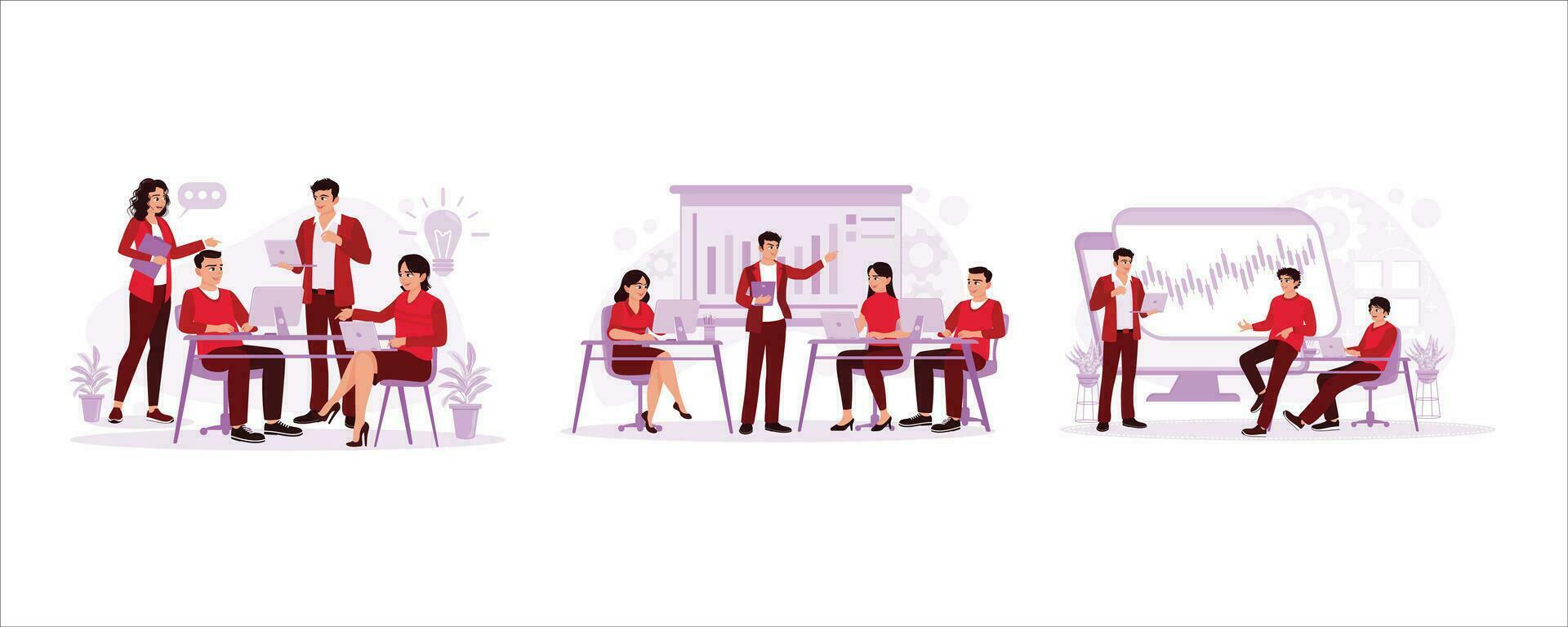 The business team has meetings in the boardroom, discussing graphs, diagrams, and charts and thinking about new business ideas. Meeting and conference concept. Trend modern vector flat illustration.