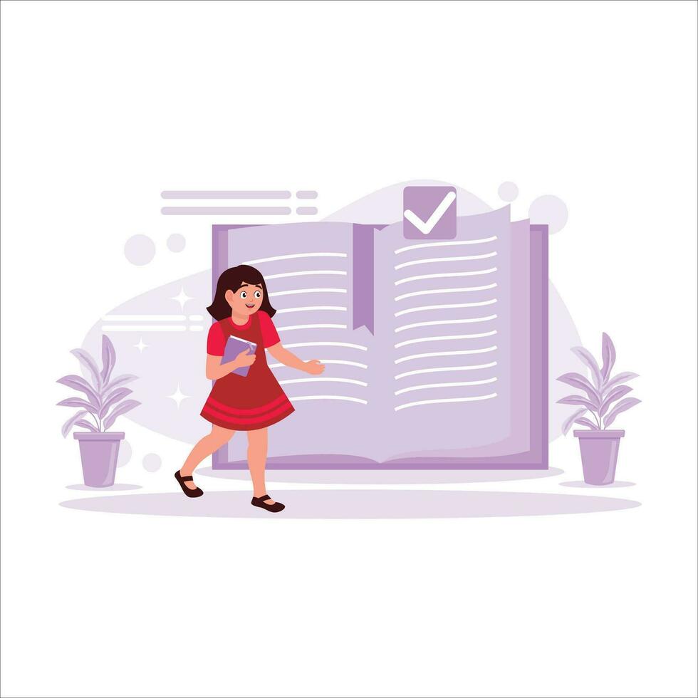 Beautiful little girl smiling cheerfully and walking while carrying a book. Trend Modern vector flat illustration.