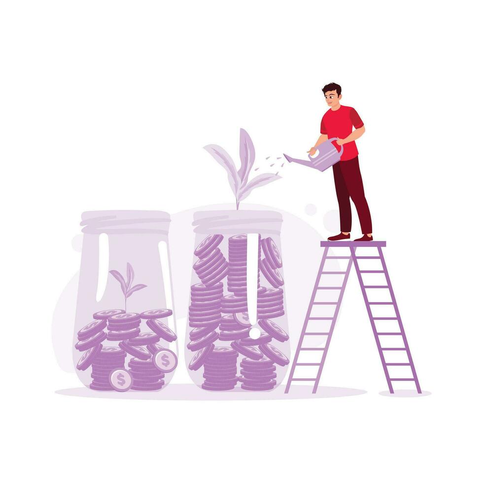 The young man is standing at the top of the stairs and watering coins in a glass jar. The concept of investing money with a deposit. Trend Modern vector flat illustration.