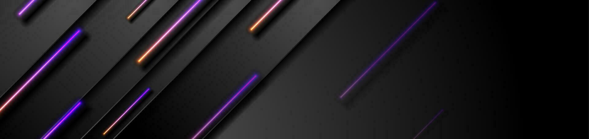 Black tech abstract banner with violet orange neon laser lines vector