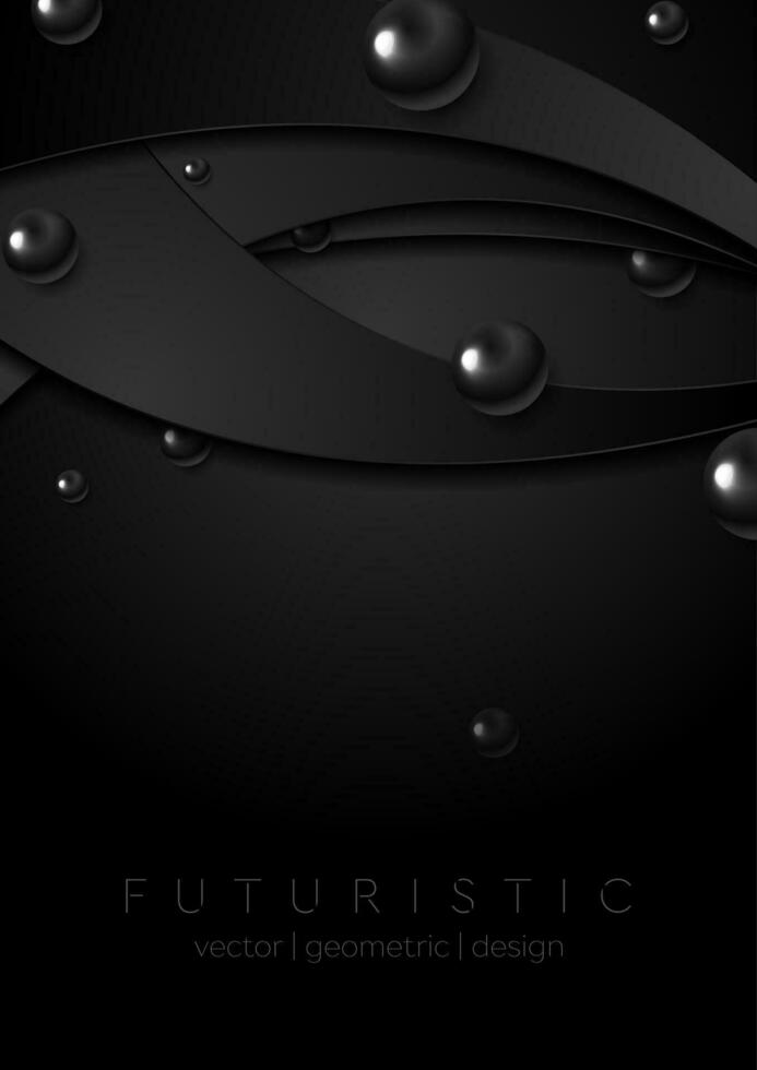 Black abstract tech wavy background with glossy circles vector