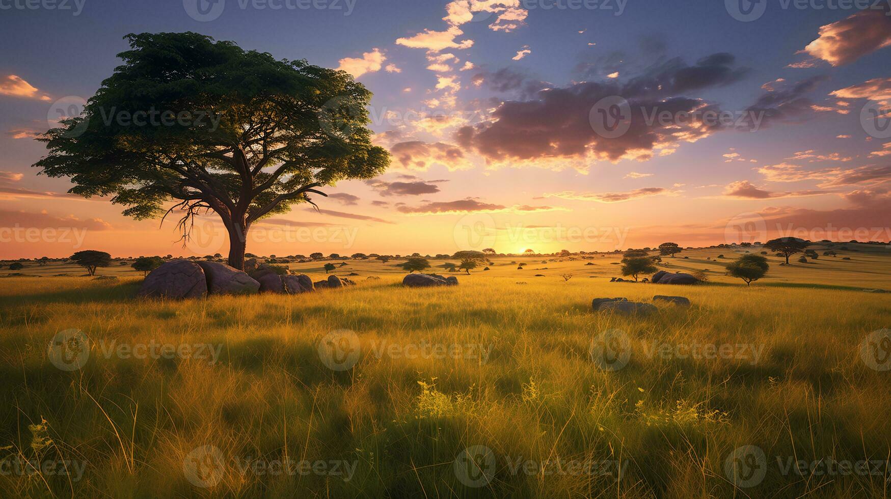 Photo of savanna at sunset. Generative AI