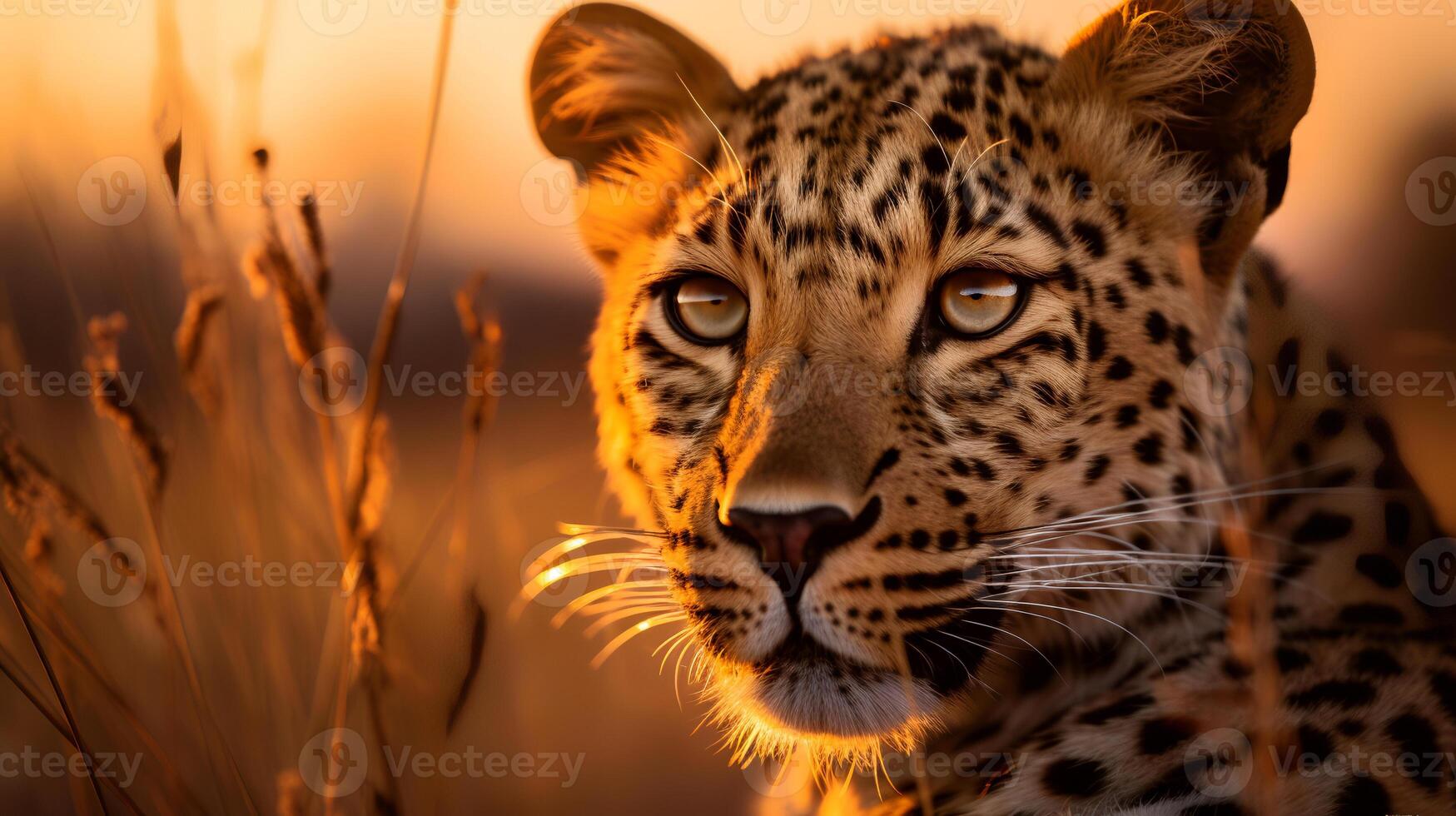 Photo of Leopard on savanna at sunset. Generative AI