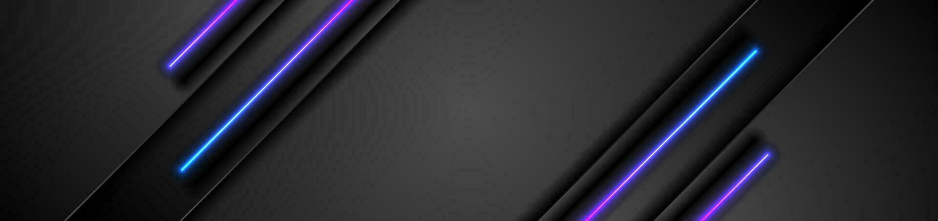 Black tech abstract banner with blue and purple neon glowing light vector