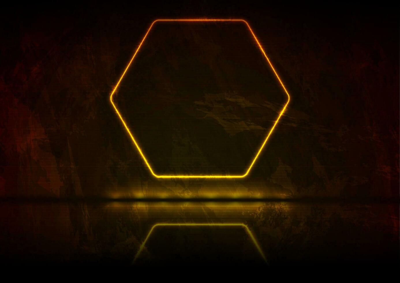 Neon orange glowing hexagon frame grunge background vector