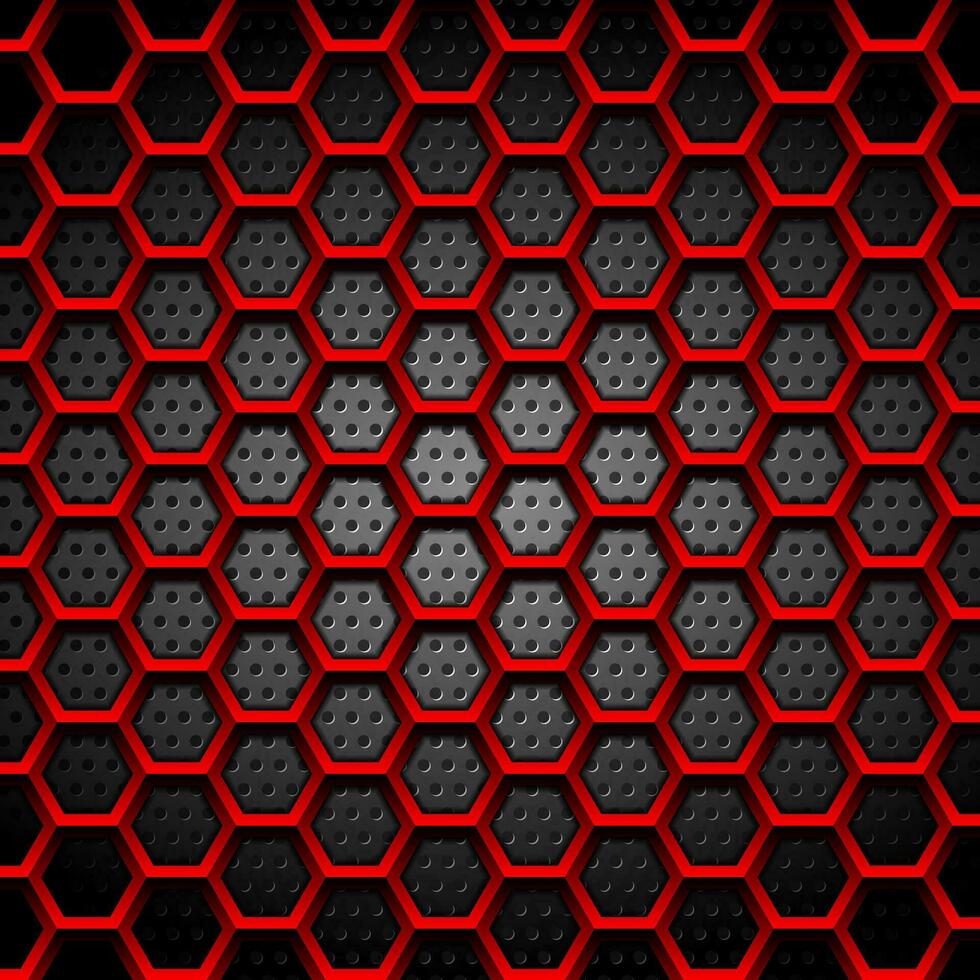 Red hexagons texture on dark perforated background vector