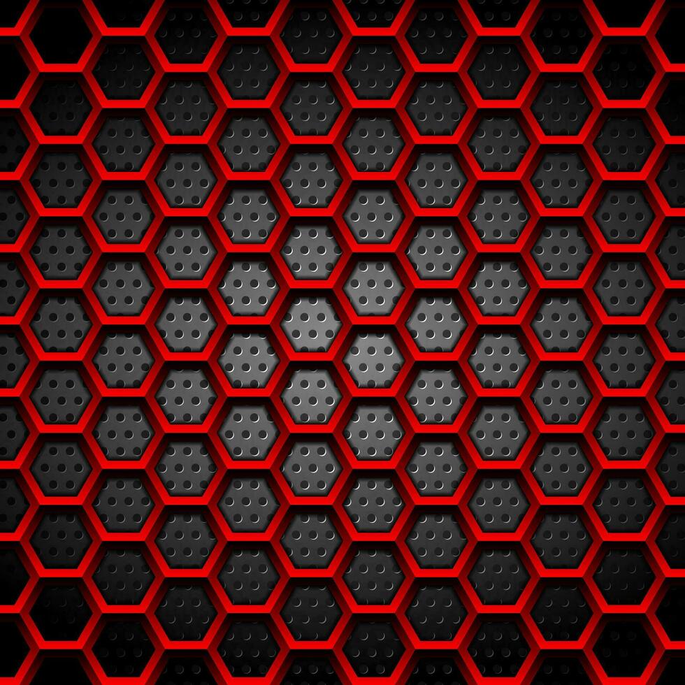 Red hexagons texture on dark perforated background vector