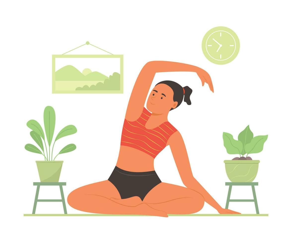 Woman Practicing Yoga Meditation at Home vector