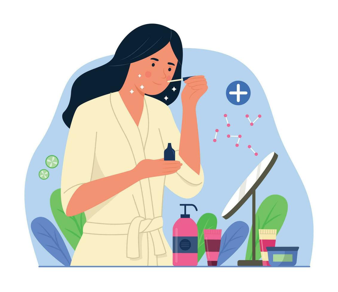 Young Woman in Bathrobe Applying Moisturizing Serum on Face for Beauty Skin Treatment Concept Illustration vector