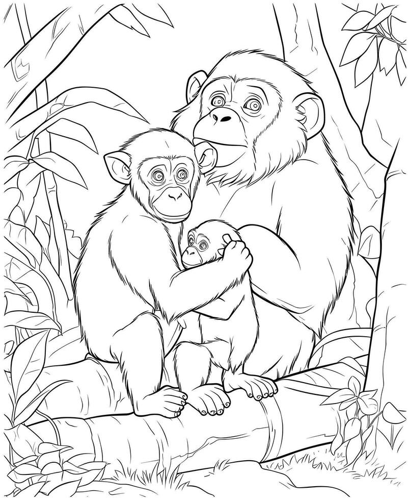 mother and baby chimpanzee coloring page vector