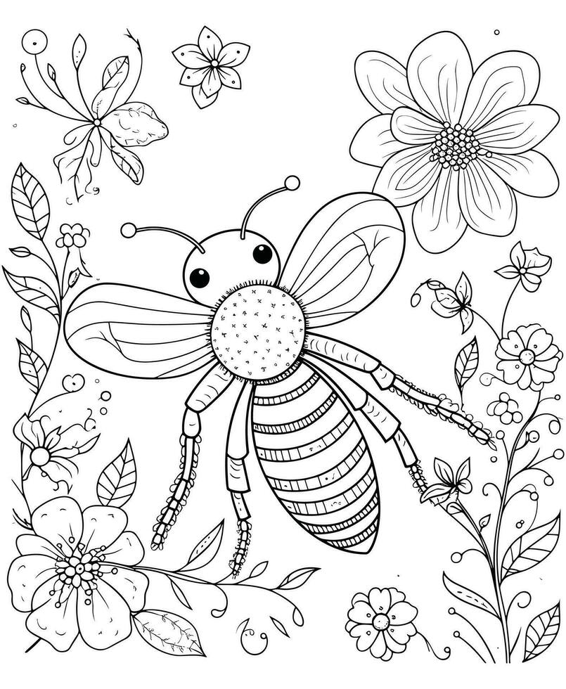 Bees flower tree coloring page vector