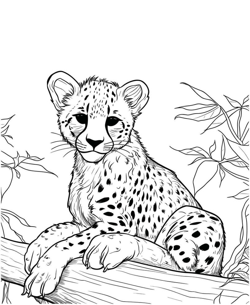 Cheetah with tree coloring page line art for kids vector