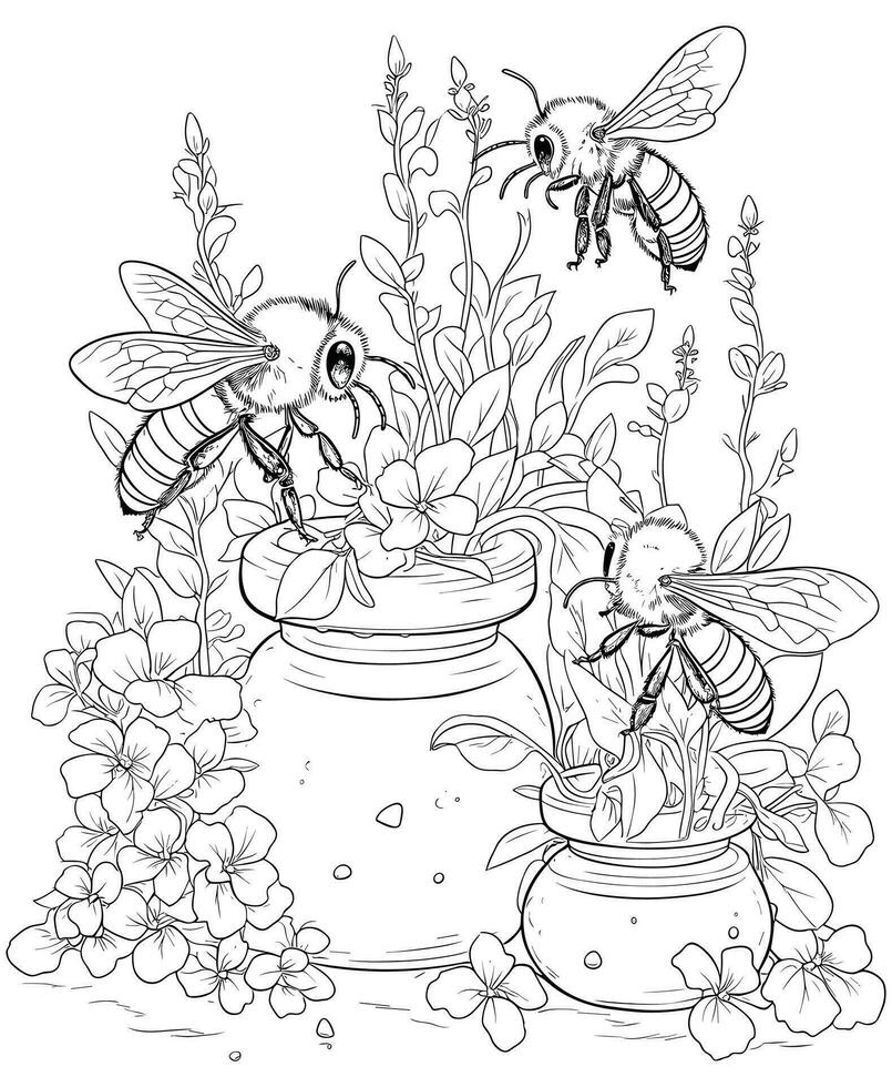 Bee with flowers coloring page for adults vector