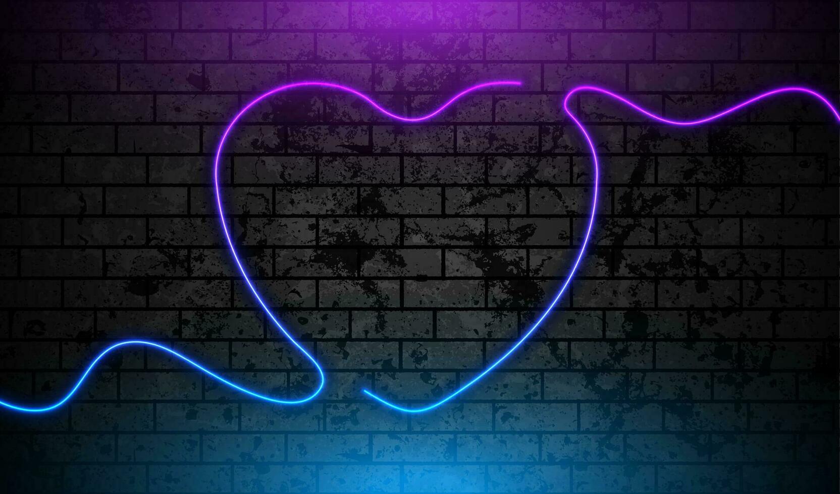Neon heart on black grunge brick wall with glowing lights vector