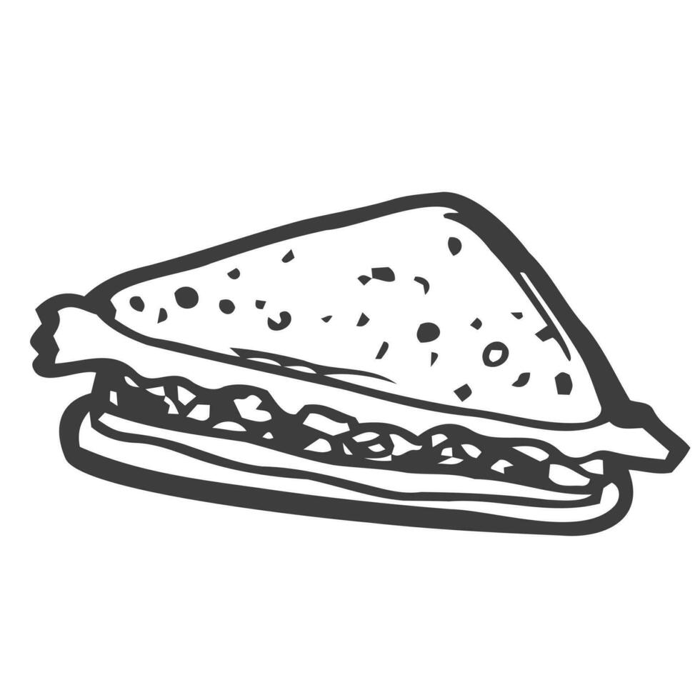 negro contorno emparedado icono. garabatear bocadillo silueta con pan, ensalada y jamón. mano dibujado rápido comida dibujo. vector ilustración