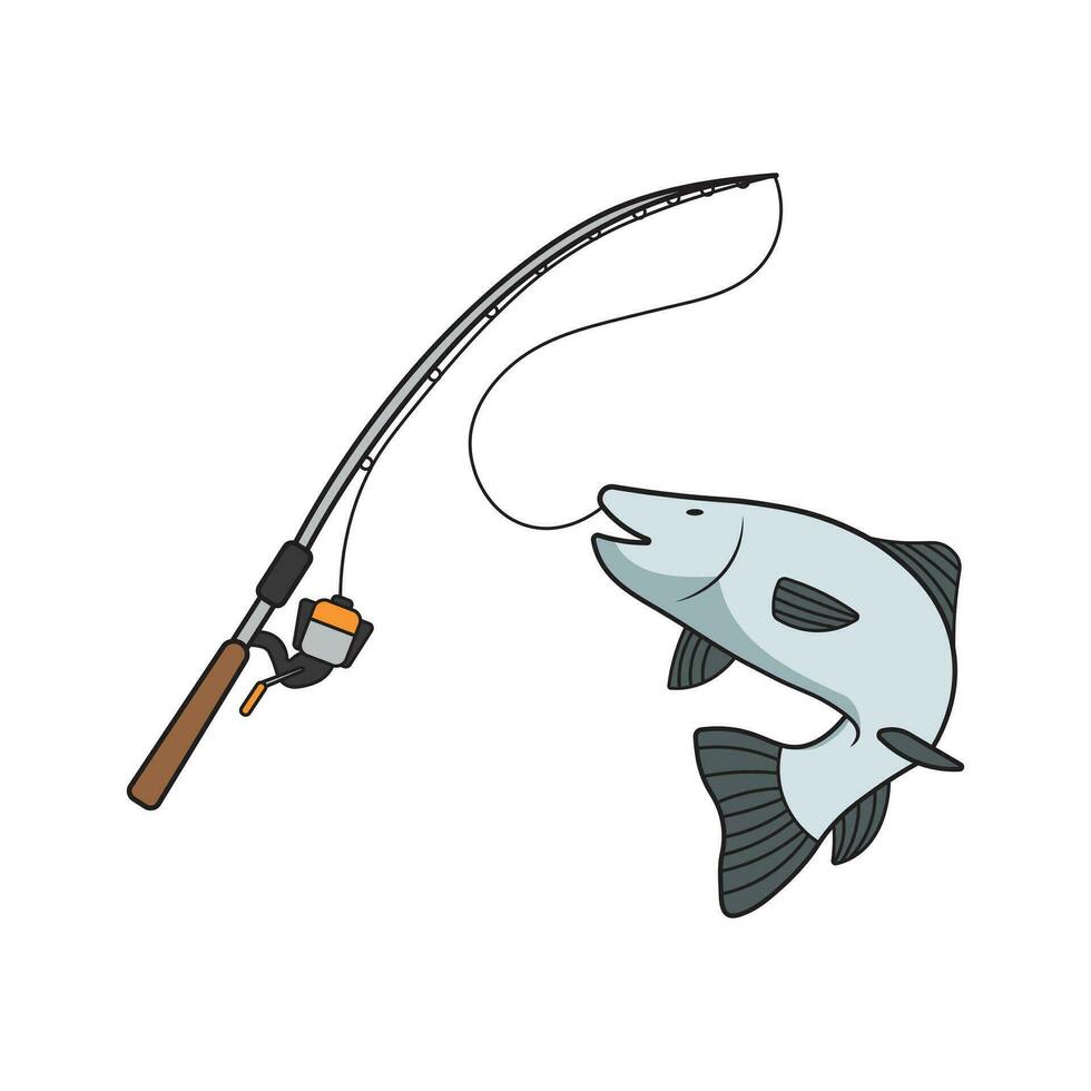 Kids drawing Cartoon Vector illustration fish and fishing rod icon Isolated on White Background
