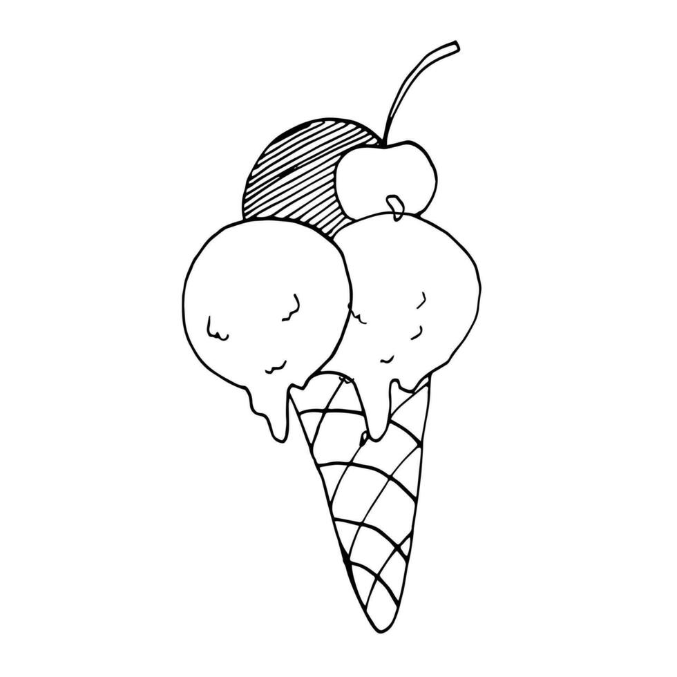 Ice cream cone. Black and white vector illustration.