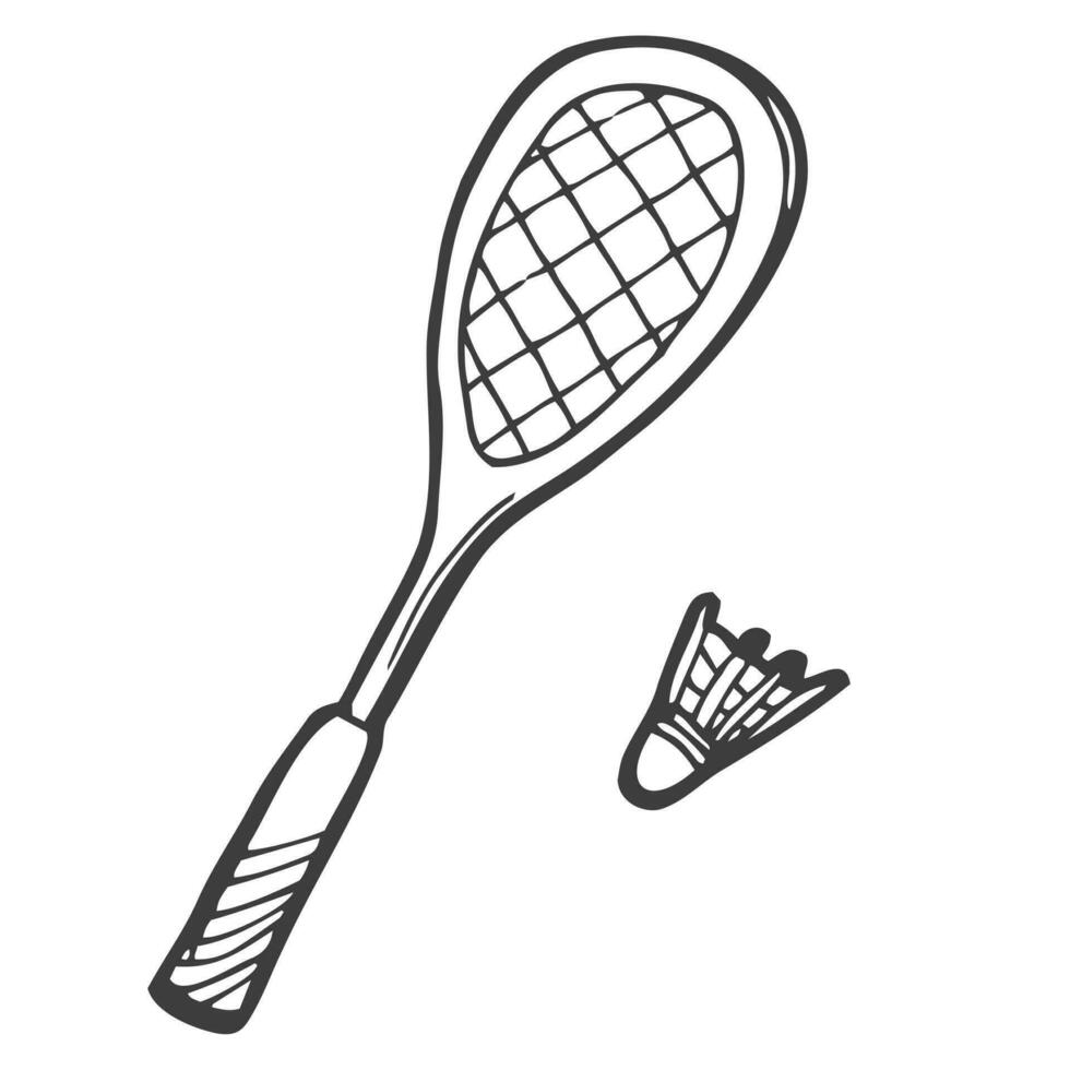 Badminton. Shuttlecock and racket. Sports and recreation. Doodle. Vector. Hand-drawn illustration. Coloring. Black and white outline. Silhouette. vector