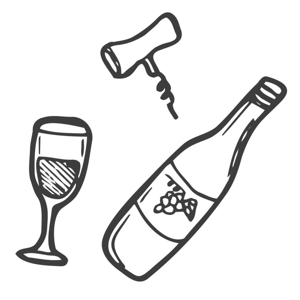 Doodle style wine set illustration in vector format including bottle, glass, corkscrew, and cork.